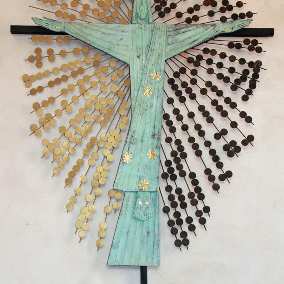 Beaten copper with green oxide patina and gold leaf plus black and gold painted steel rods and discs. Wooden cross painted black. 300cmH x 200cmW x 15cmD.